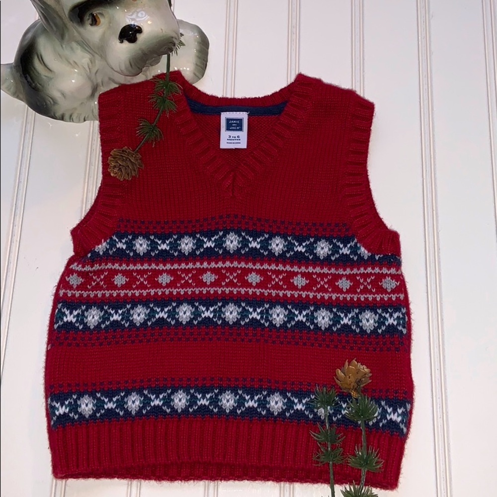 JANIE & JACK RED/BLUE FAIR ISLE SWEATER VEST 3-6M